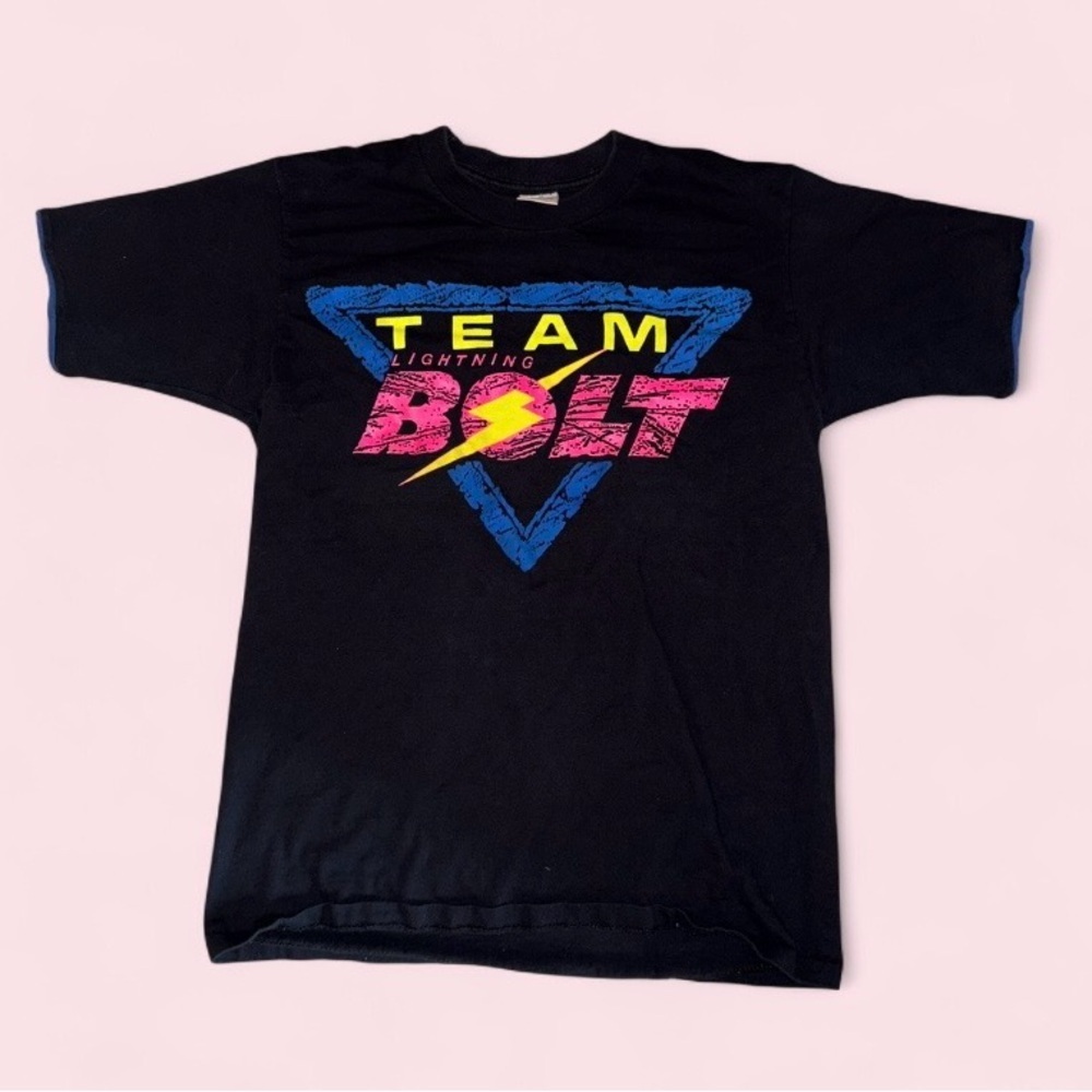 Vintage Lightning Bolt Team Bolt Graphic Tee Made in USA Size Large Neon Shirt